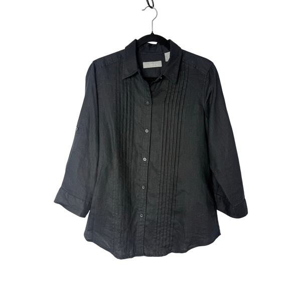 Liz Claiborne Black Linen Pintuck Button Front Shirt Blouse Women’s L Minimalist - Picture 1 of 9